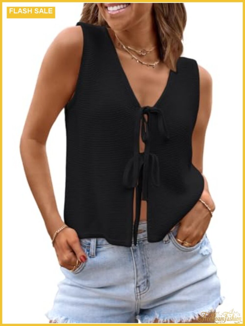 Women's Sleeveless Crochet Knit Sweater Vest Tie Front Summer Top Bathing Suit